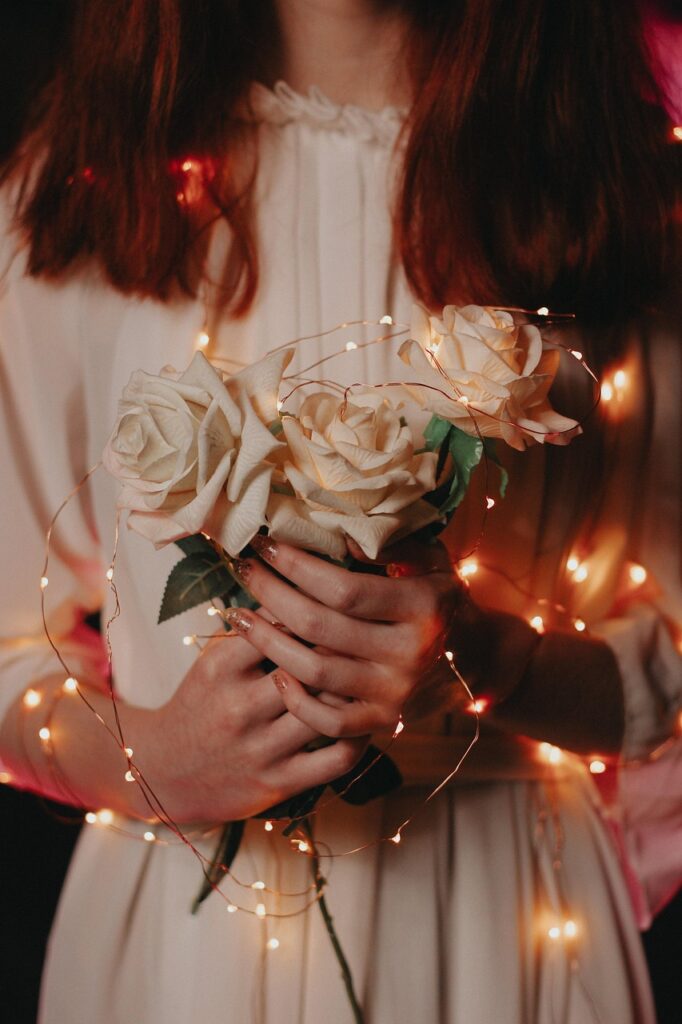 young woman, flower background, flowers, bouquet, garland, flower wallpaper, hands, beautiful flowers, nature, woman, girl, model, roses, aesthetic wallpaper, phone wallpaper